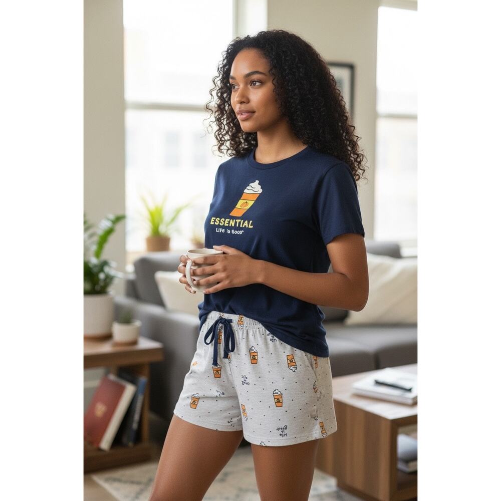 Life is Good Women’s Pajama Set Coffee Graphic Tee + Matching Shorts Size L - Picture 2 of 8